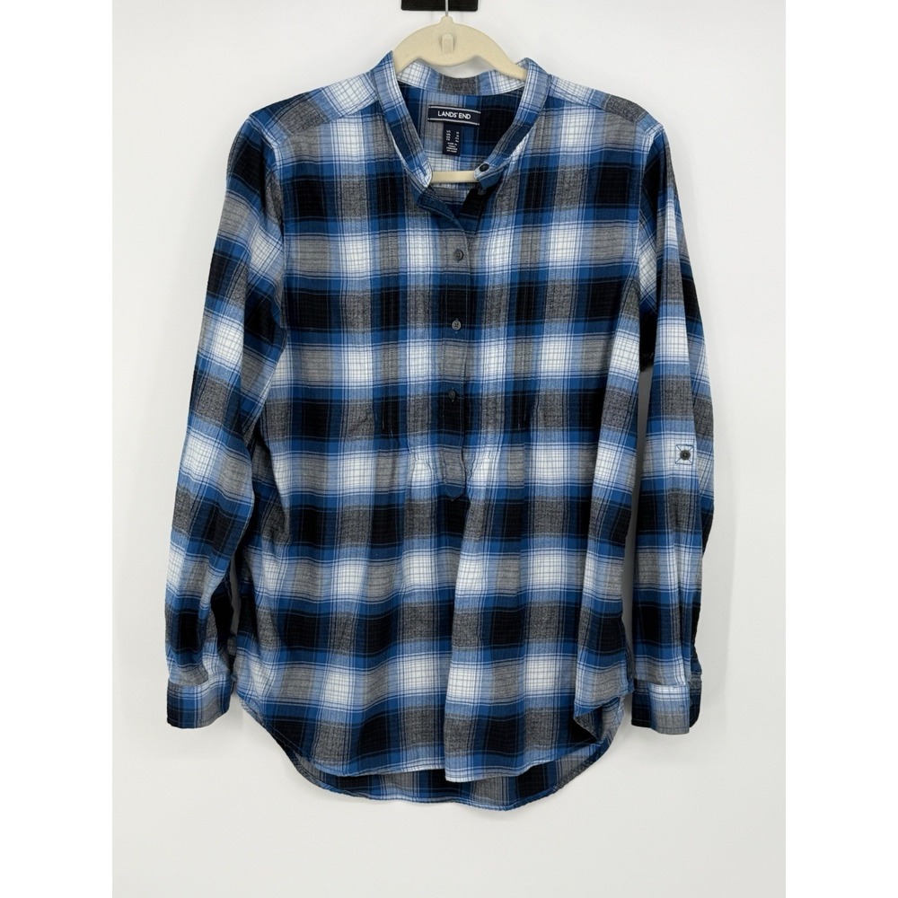 Lands End Women's Blue Plaid 1/2 Button Down Flannel Size 14